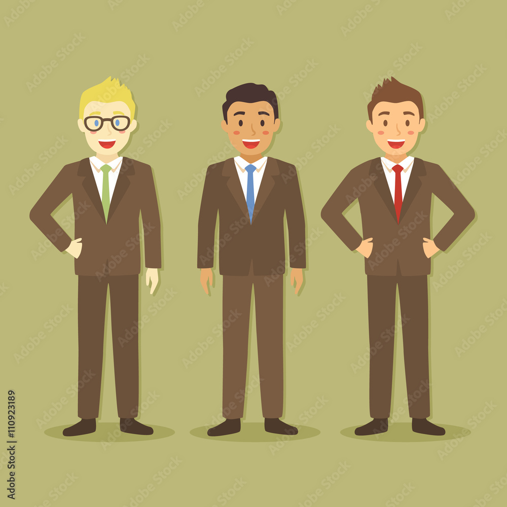 Vector illustration of three businessman with different style standing in dark brown background. Vector illustration of three businessman with different style standing in dark brown background.