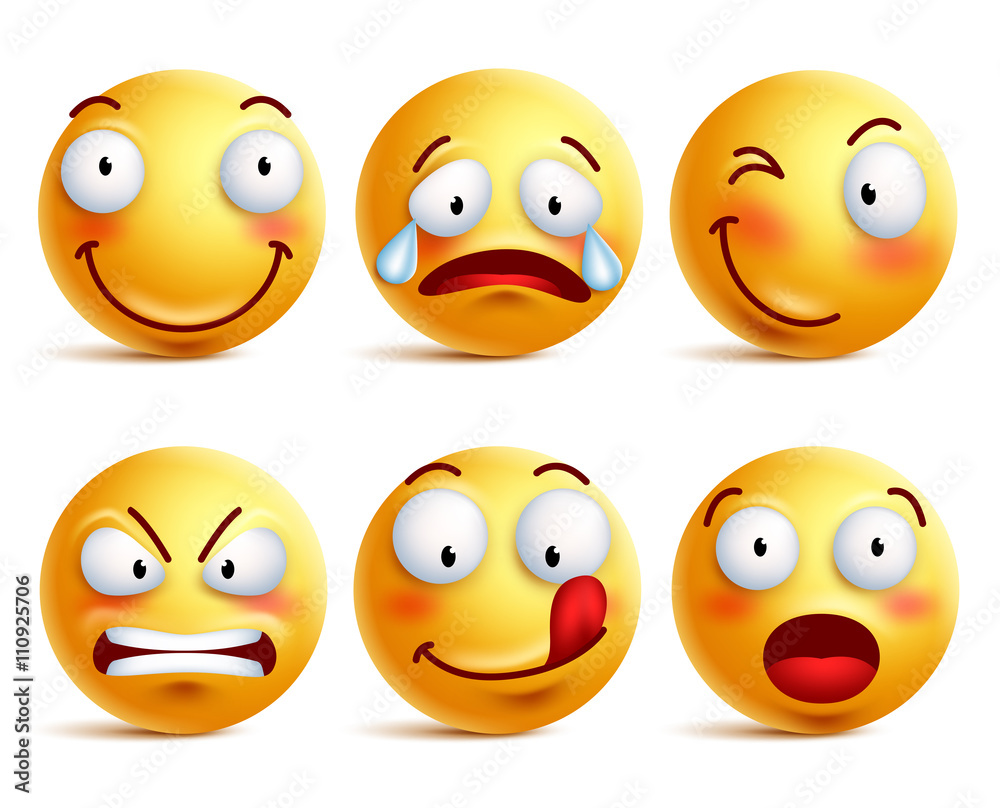 Obraz premium Set of smiley face icons or yellow emoticons with different facial expressions in glossy 3D realistic isolated in white background. Vector illustration 