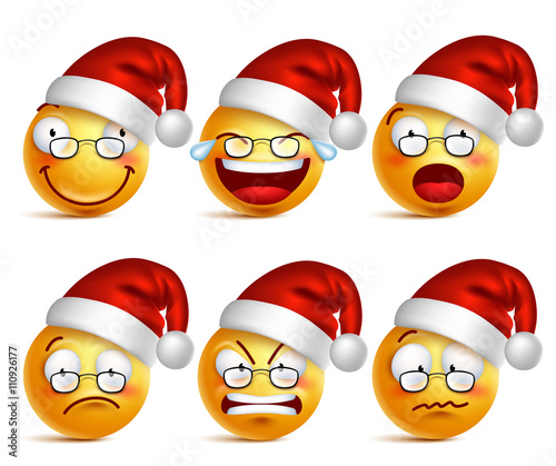 Smiley face of santa claus yellow emoticons with set of facial expressions for christmas in glossy 3D realistic isolated in white background. Vector illustration
