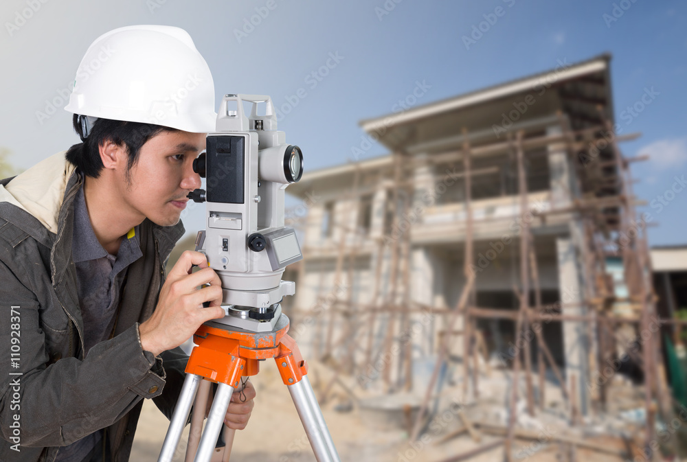 Engineers use tacheometer or theodolite with building constructi Engineers use tacheometer or theodolite with building constructi