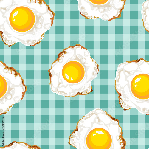 Seamless pattern with fried eggs. Bright colors, rich picture. Vector illustration. Can be used as a wallpaper, splash, textile print, wrapping paper. Kitchen towel.