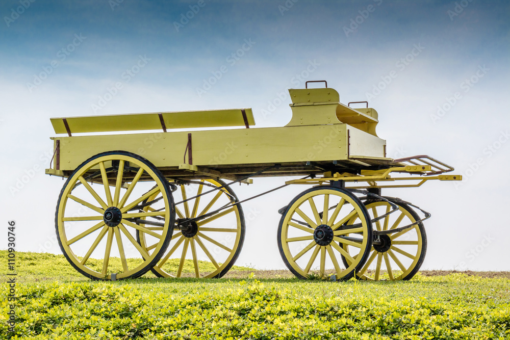 A uncovered wagon retro style in beautiful nature scene farmland