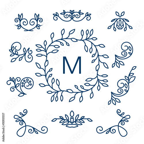 Big Vector set of line floral design elements for logos, frames and borders