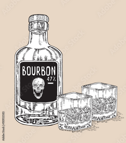 Bottle of whiskey drink. Hand drawn two glasses of whiskey. 
