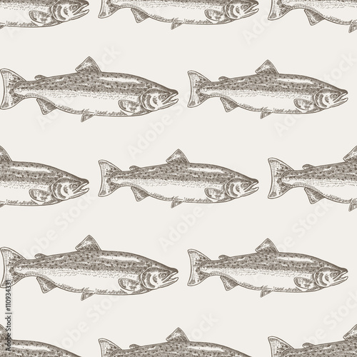 Hand drawn salmon fish seamless background. Vector illustration