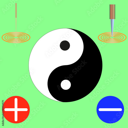 symbol of yin and yang, black and white, at the corners of an acupuncture needle, knife, plus and minus on a green background