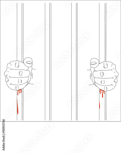 hands holding prison bars with blood, vector illustration 