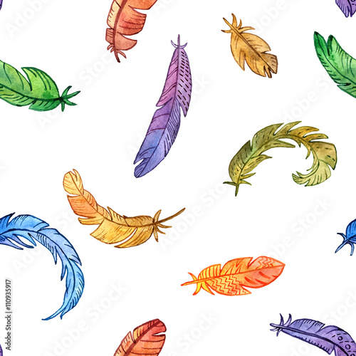 vector seamless pattern with watercolor feathers