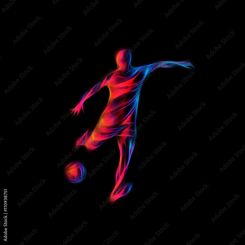 Soccer player kicks the ball. The colorful abstract illustration on black background.