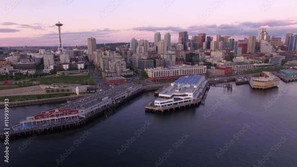 Aerial of Waterfront Piers on Elliot Bay with Downtown Seattle at Sunset Aerial of Waterfront Piers on Elliot Bay with Downtown Seattle at Sunset