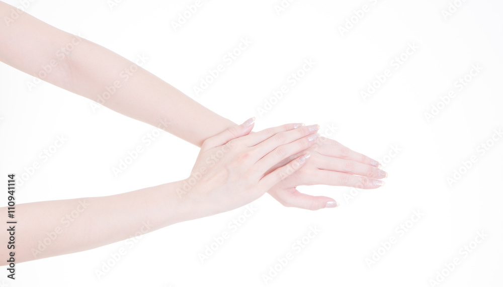 Beautiful hands of young woman, hand touching another hand