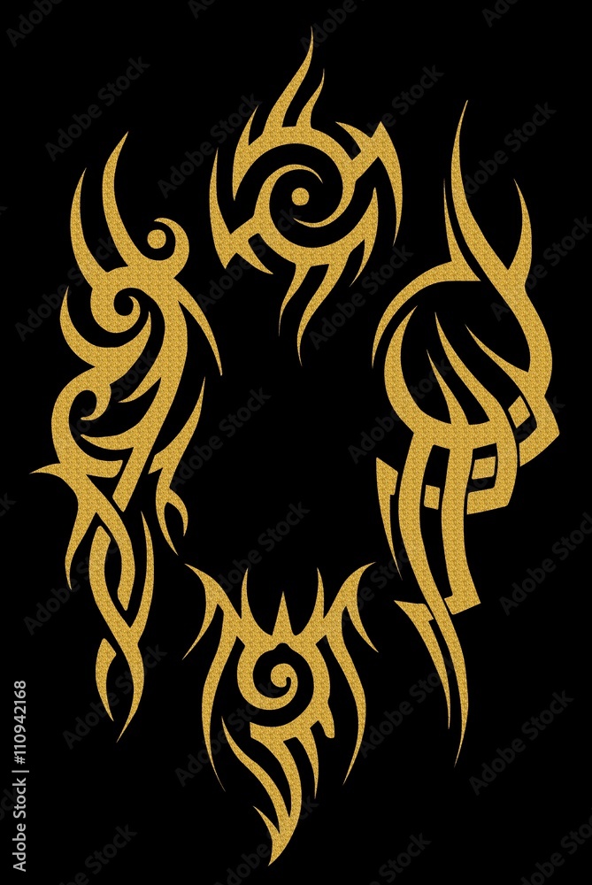 Gold tribal tattoo on a dark background . Gold illustration without transparency.