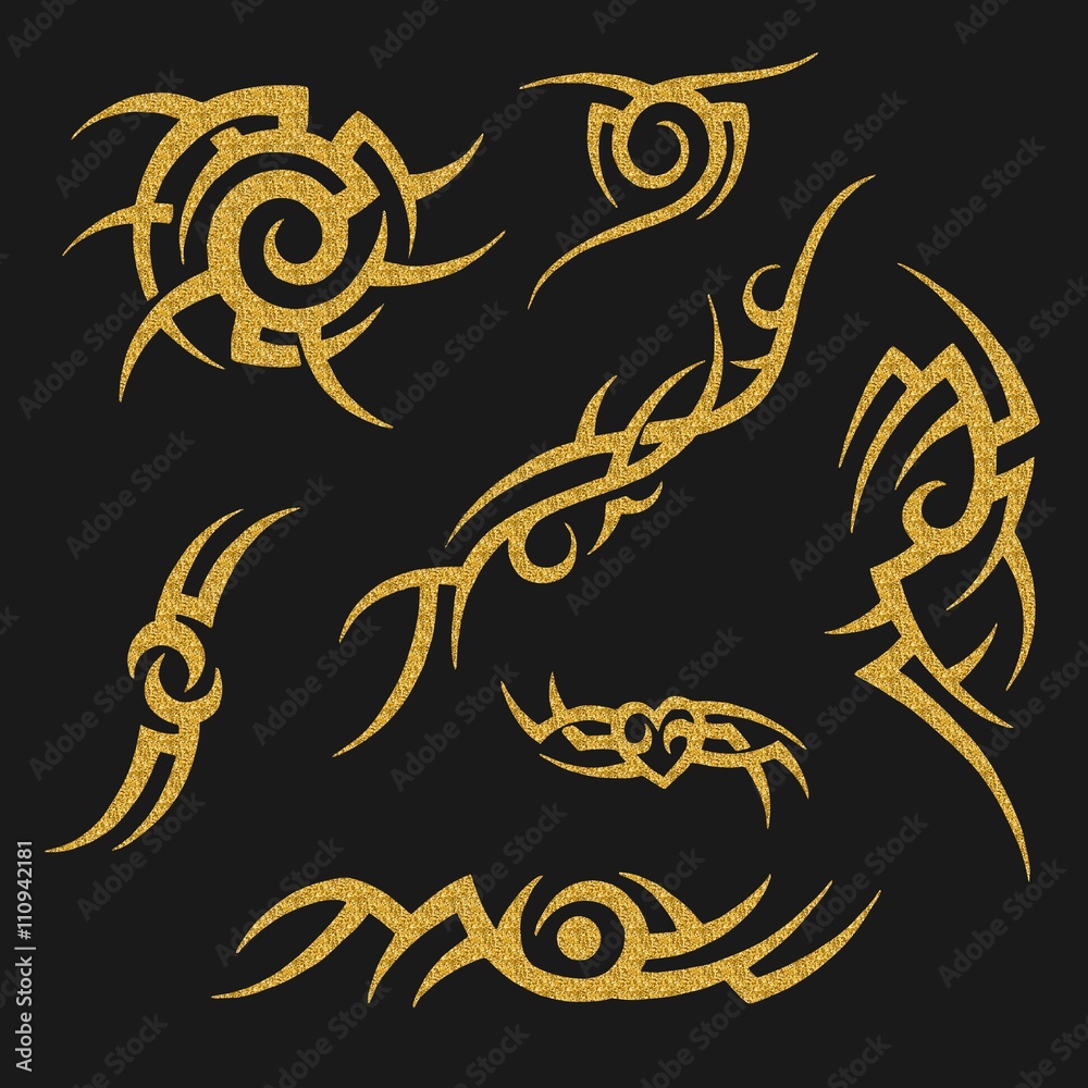 Gold tribal tattoo on a dark background . Gold illustration without transparency. Gold tribal tattoo on a dark background . Gold illustration without transparency.