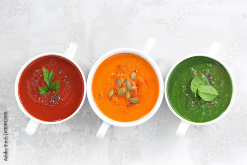 assortment of colorful vegetable cream soup 