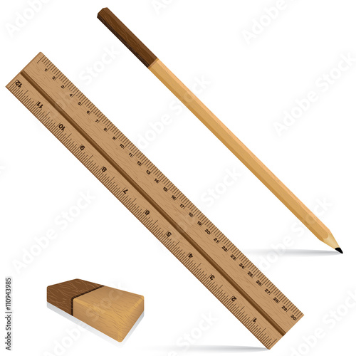 Pencil ruler and eraser on a wooden design. Ruler and pencil with eraser for wooden texture isolated on white background. Object tool.