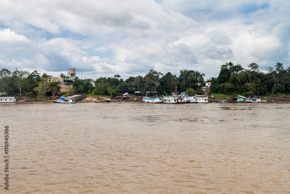 River boats anchored in Tabatinga town, Brazil.