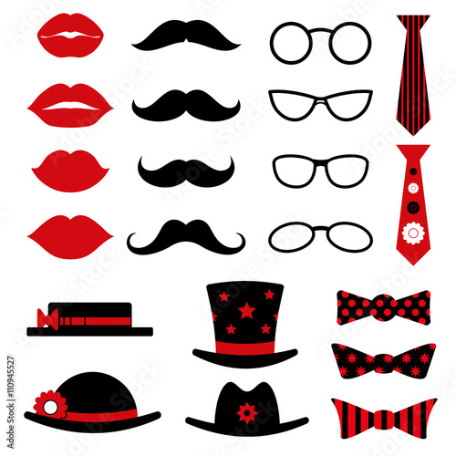 Photo booth birthday and party vector set with lips, mustaches, glasses, hats and bow tie. Photo booth for masquerade, mustache and glasses photo booth accessory illustration