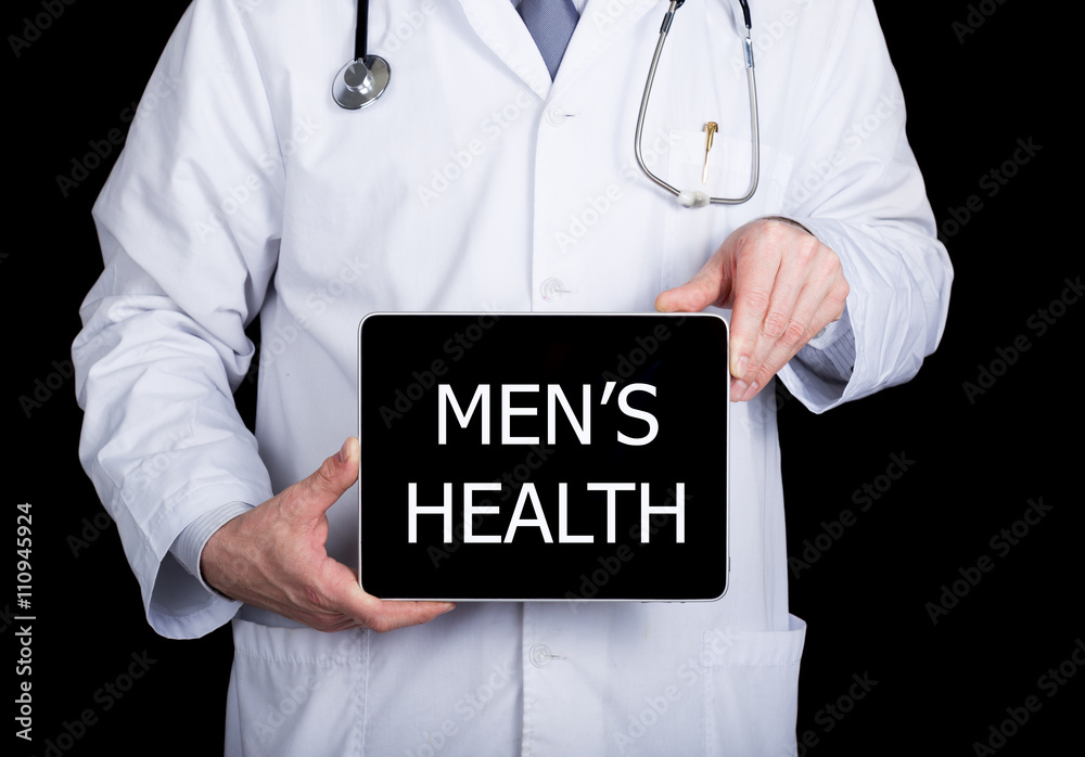 technology, internet and networking in medicine concept - Doctor holding a tablet pc with man's health sign. Internet technologies in medicine technology, internet and networking in medicine concept - Doctor holding a tablet pc with man's health sign. Internet technologies in medicine