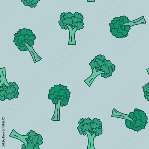 Green broccoli illustration, hand drawn style. Seamless vector p