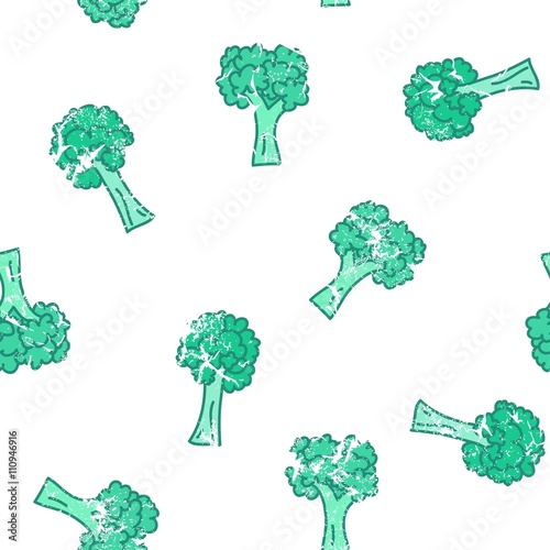 Green broccoli illustration, hand drawn style. Seamless vector p