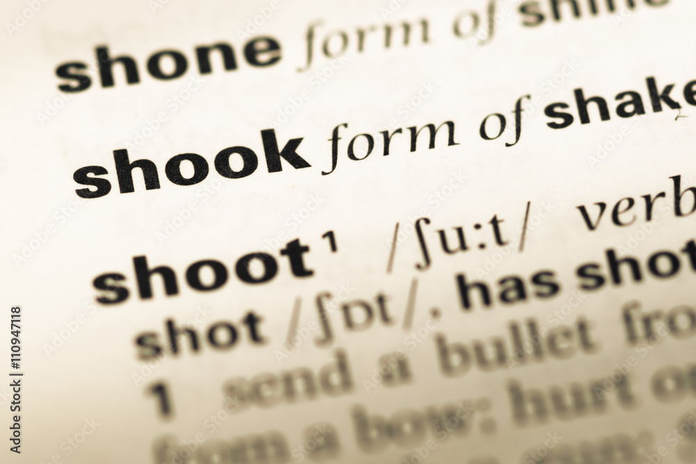 Close up of old English dictionary page with word shook Close up of old English dictionary page with word shook