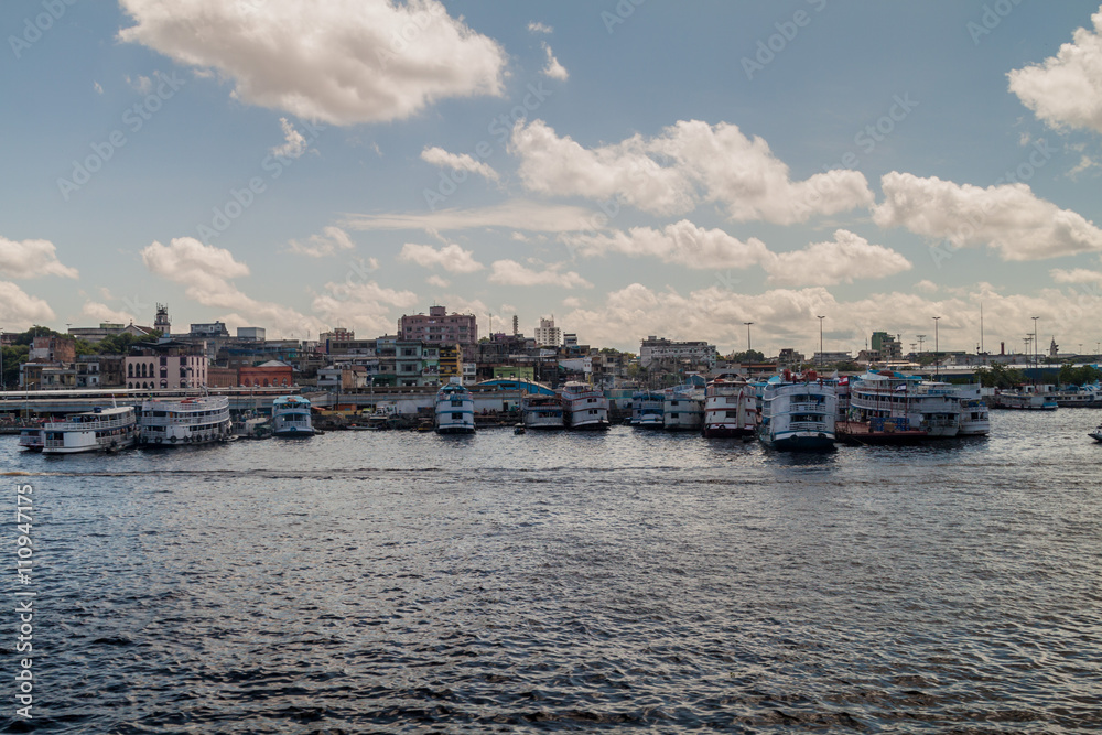 River boats anchored at the passenger pier in Manaus, Brazil