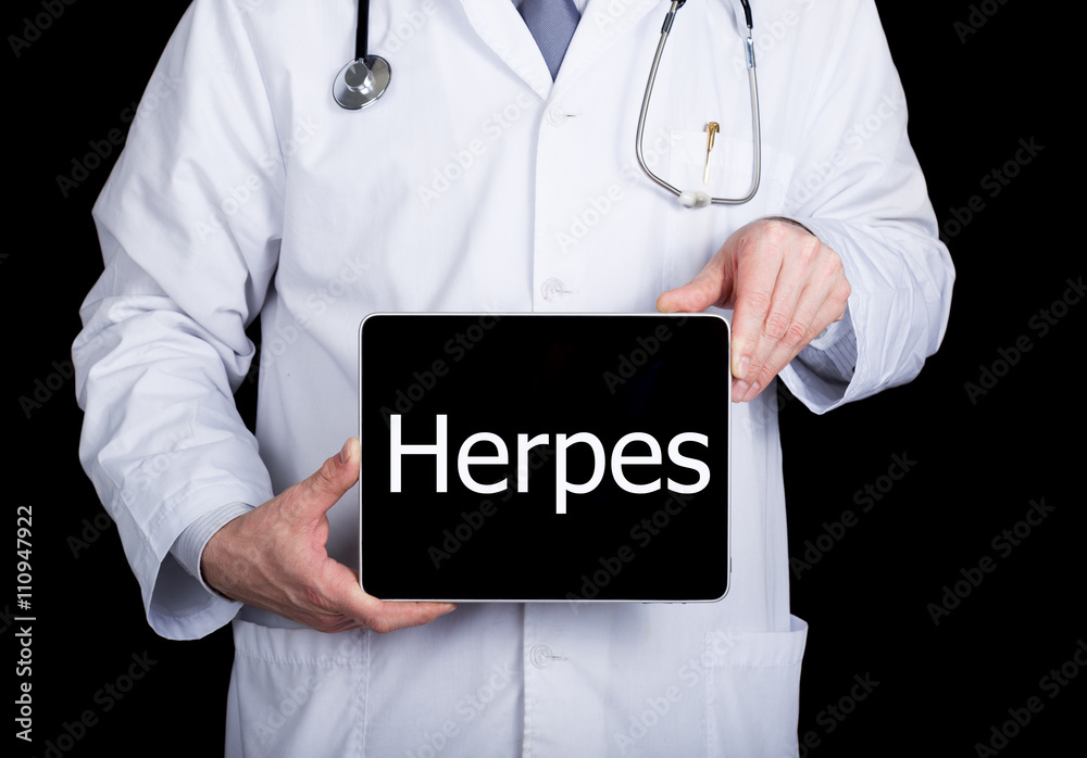 technology, internet and networking in medicine concept - Doctor holding a tablet pc with herpis sign. Internet technologies in medicine technology, internet and networking in medicine concept - Doctor holding a tablet pc with herpis sign. Internet technologies in medicine
