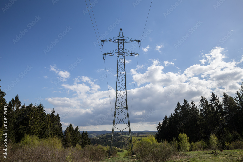 high power pylon in the woods