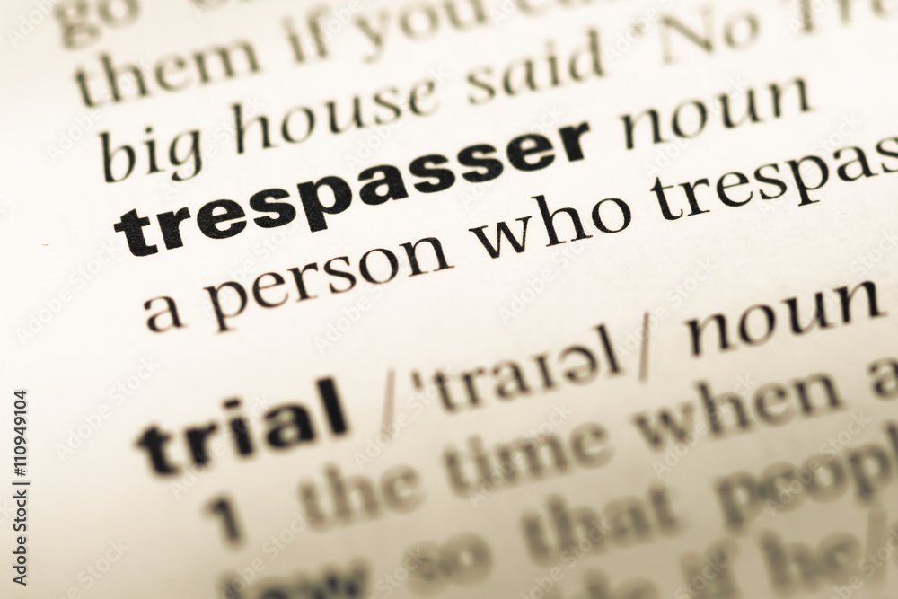 Close up of old English dictionary page with word trespasser