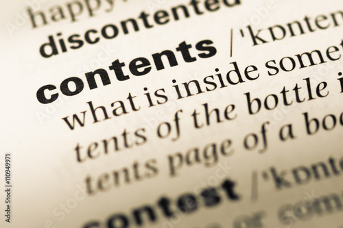 Close up of old English dictionary page with word contents