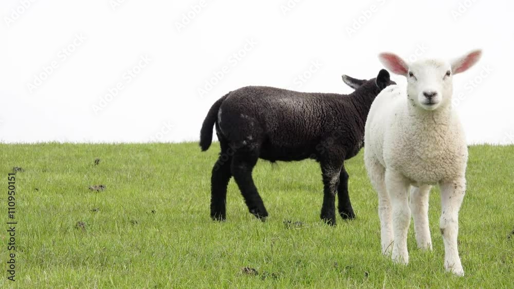 Black and white lamb standing on meadow and looking. The black sheep turn around, the White sheep run away Black and white lamb standing on meadow and looking. The black sheep turn around, the White sheep run away