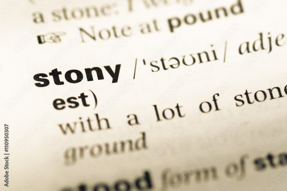 Close up of old English dictionary page with word stony Close up of old English dictionary page with word stony