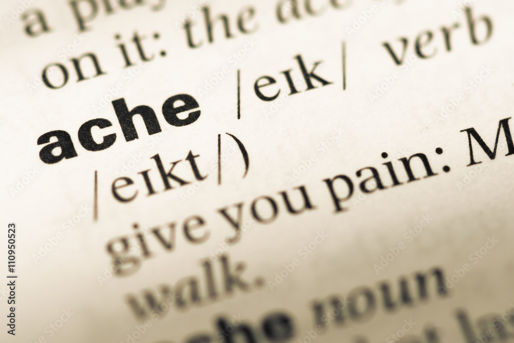 Close up of old English dictionary page with word ache Close up of old English dictionary page with word ache