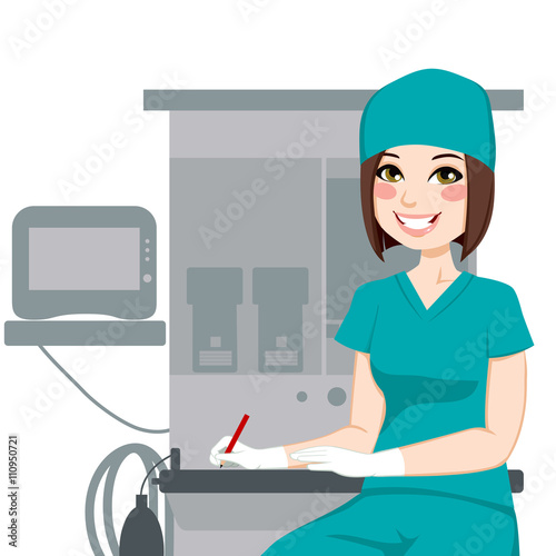 Young female nurse working writing documents in front of anesthetist medical equipment machine