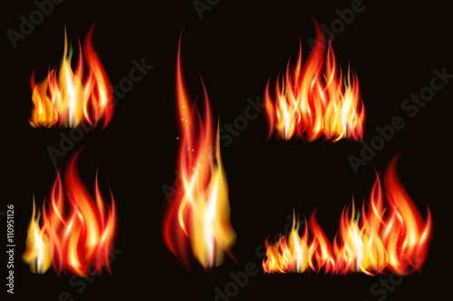 Fire flame strokes realistic isolated on black background illustration