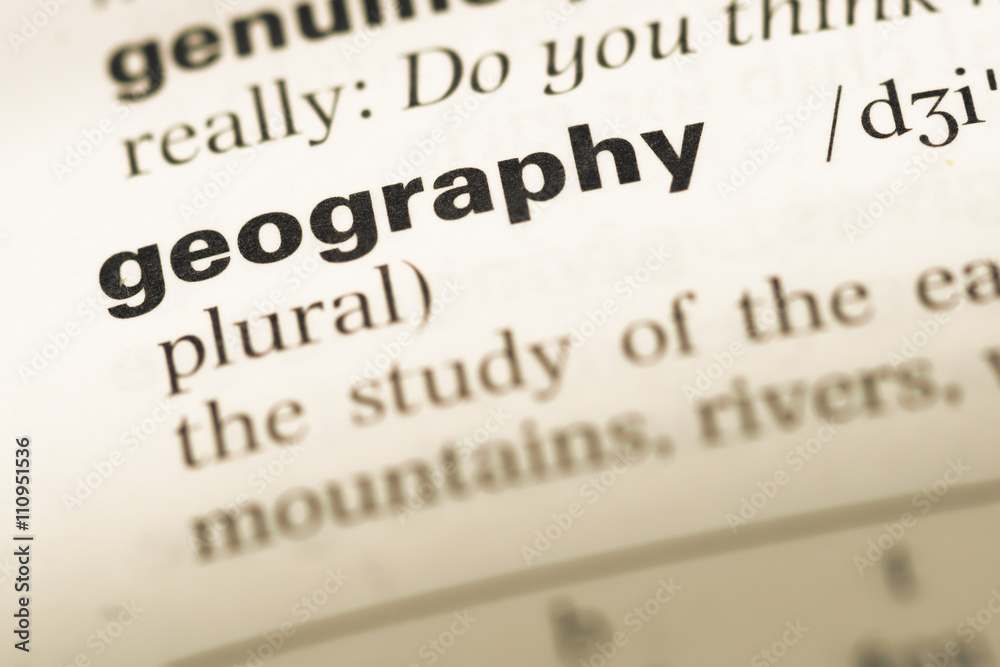 Close up of old English dictionary page with word geography Close up of old English dictionary page with word geography