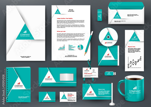 Professional universal green branding design kit with origami element. Corporate identity template, business stationery mock-up for real estate company. Editable vector illustration: folder, mug, etc.