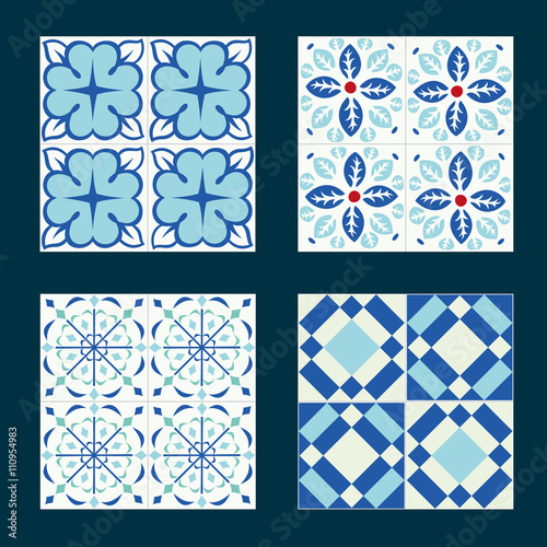 Set of vintage ceramic tiles in azulejo design with blue patterns