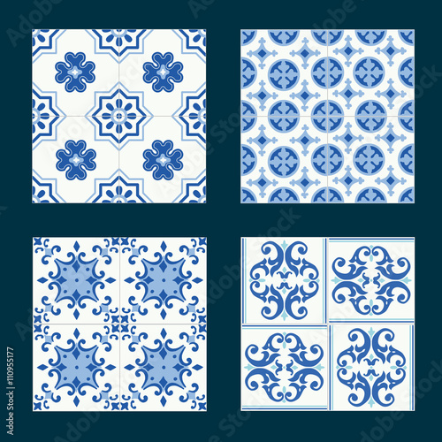 Set of vintage ceramic tiles in azulejo design with blue patterns