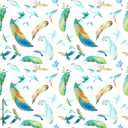 Watercolor silhouettes of flying birds and feathers. Seamless pattern