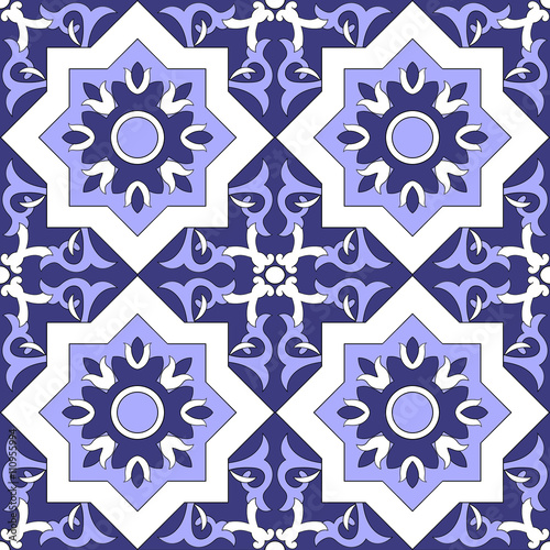 Ornamental pattern vector seamless blue and white color. Tile pattern - azulejo, portuguese tiles, celtic, spanish, moroccan, talavera, turkish or delft dutch tiles design with flowers motifs.