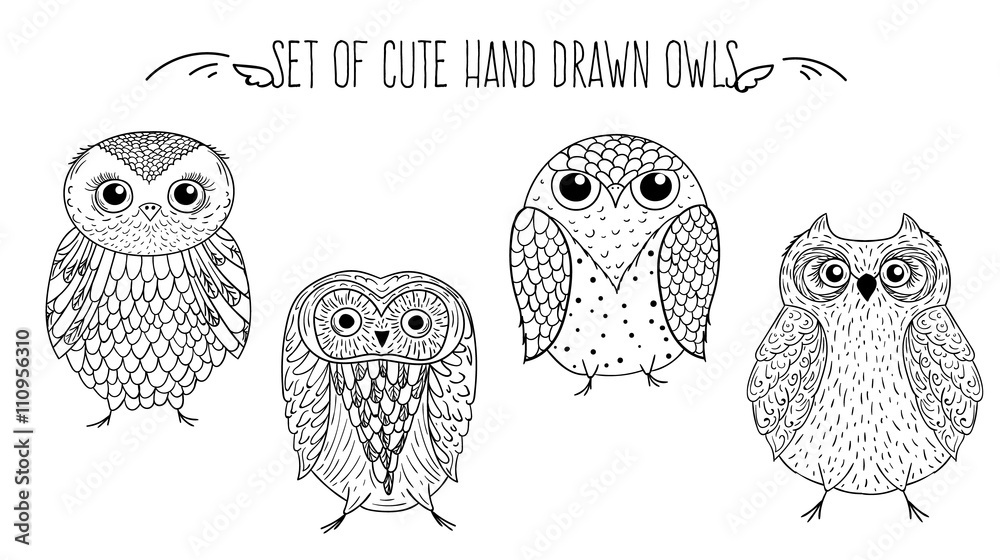 Obraz premium Vector set of owls, hand drawing sketches.