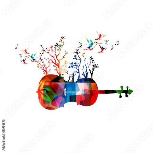 Colorful music background with violoncello and hummingbirds