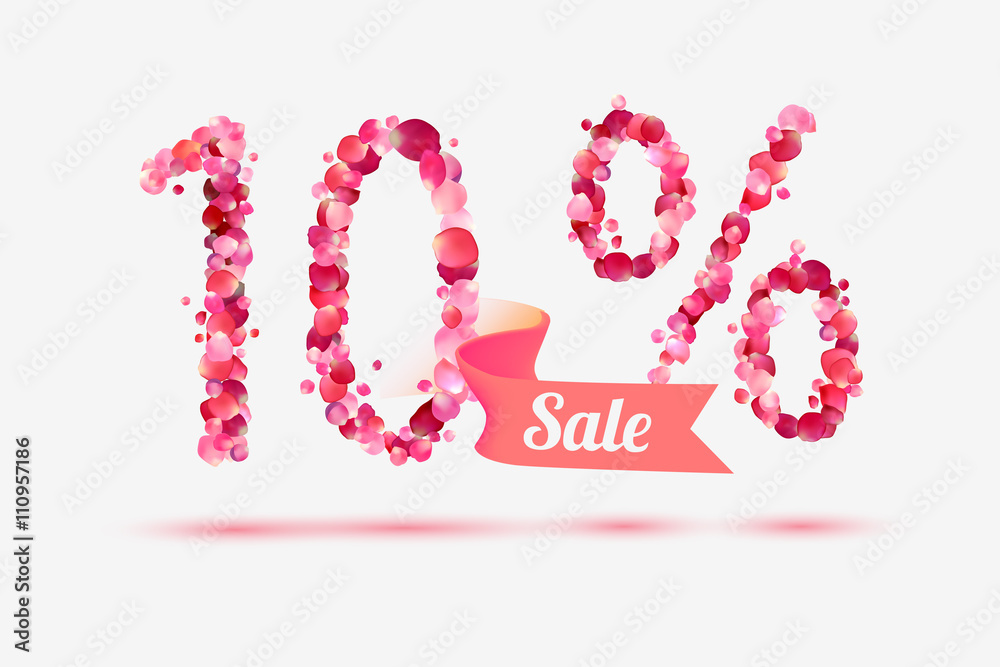 Ten (10) percents sale. Vector digits of pink rose petals