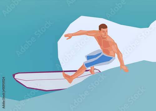 Illustration of a surfing man, simple art for web and print design appealing for vacation and wellness theme.
