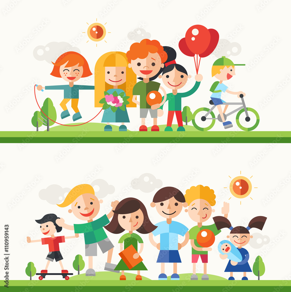 Children hobbies and activities - flat design characters compositions set