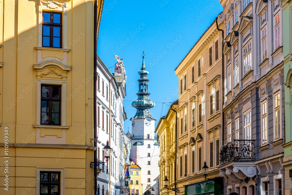 Fototapeta premium Famous St. Michaels watch tower and gate in the old town of Bratislava city, Slovakia