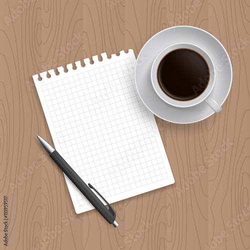 Pen  coffe and blank paper.