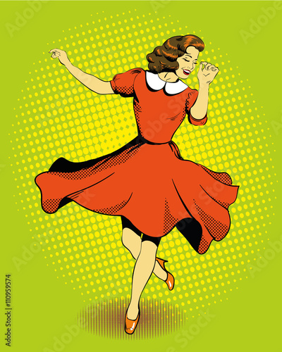 Beautiful woman dancing. Vector illustration in comics retro pop art style