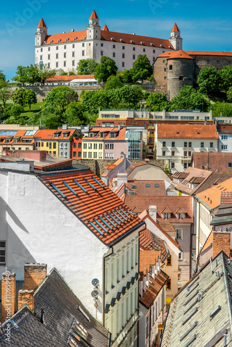 View on Bratislava castle and Bastova street with old houses from Michael's watch tower in Bratislava, Slovakia